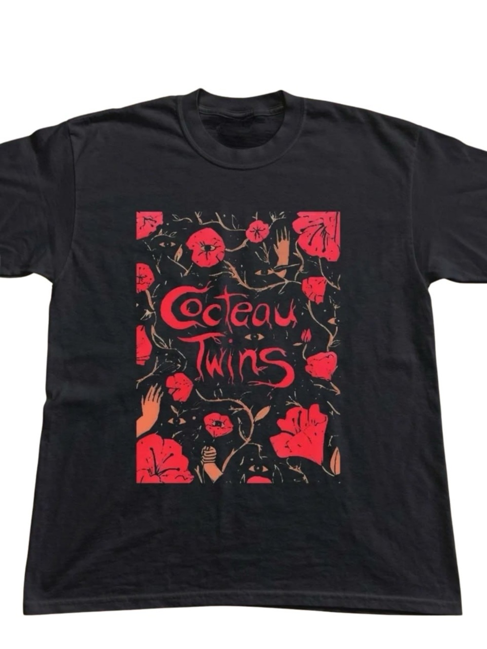 Black Short Sleeve Tee with Red Floral Cocteau Twins Print